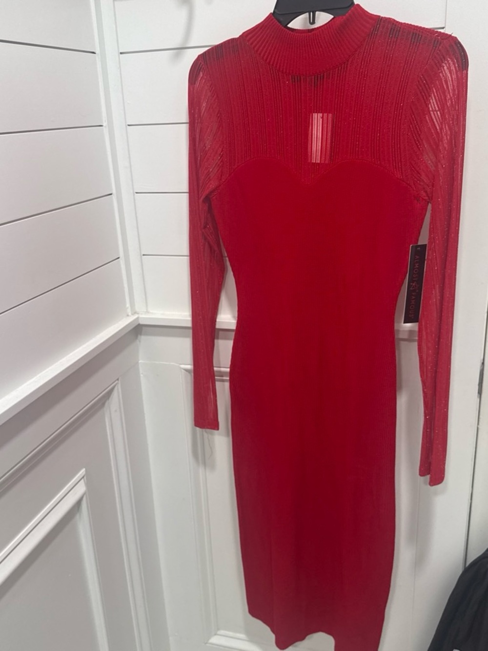Almost Famous Red Long Sleeve Sheer Yoke Midi Dress